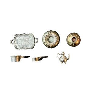 Miniature Doll House Kitchen Gadgets Bakeware Pots Tea Kettle Serving Tray 6pc
